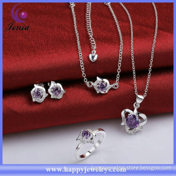 Elegant design purple heart zircon stone wholesale price 925 silver plated necklace jewelry set ( SPCS781-C)